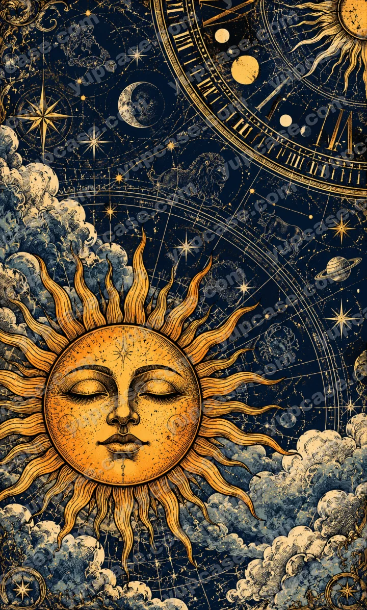 Altın Güneş ve Astroloji Haritası Desenli Telefon Kılıfı telefon kılıfı