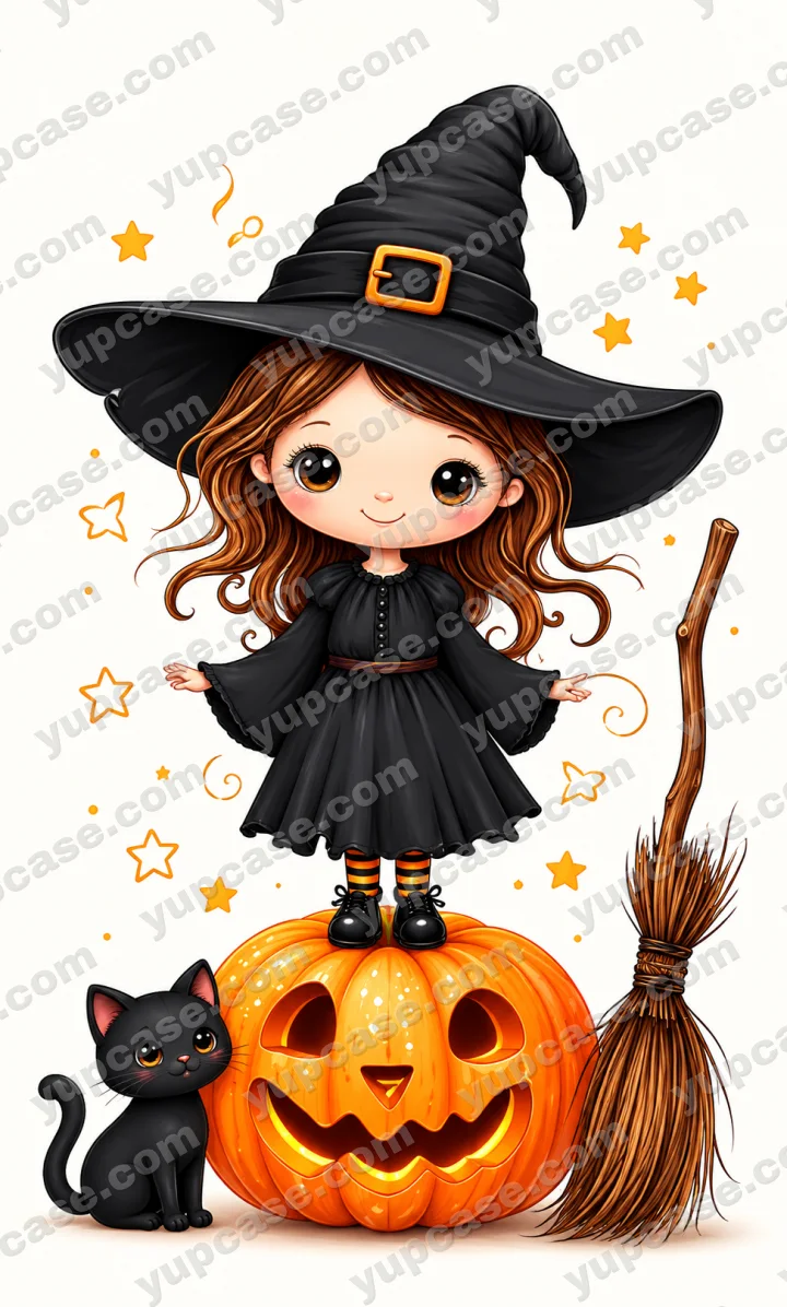 Cute Halloween Witch – Balkabaklı Cadı Kız ve Siyah Kedi Telefon Kılıfı telefon kılıfı