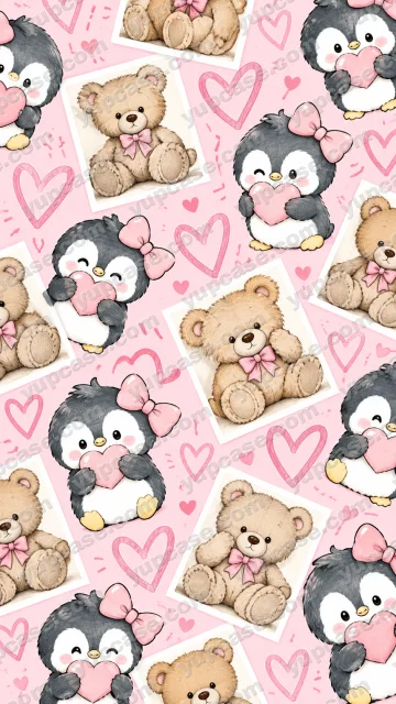 Cute Penguin & Teddy Bear – Pembe Kalpli Penguen ve Peluş Ayıcık Telefon Kılıfı telefon kılıfı