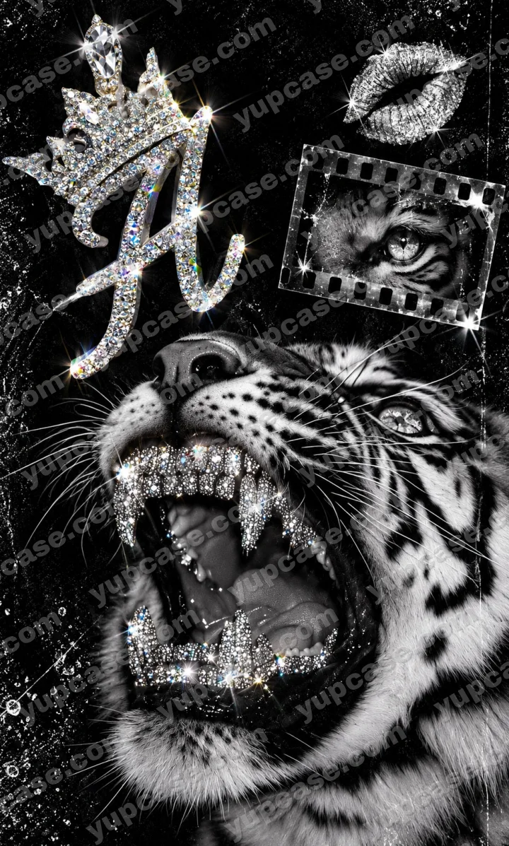 Diamond Tiger – Gümüş Simli Kaplan ve Kristal Detaylı Telefon Kılıfı telefon kılıfı
