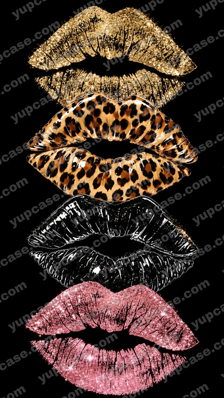 Glam Lips – Altın, Leopar ve Pembe Simli Dudaklar Telefon Kılıfı telefon kılıfı