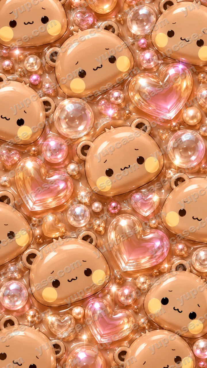 Glossy Teddy Bear Love – Parlak Ayıcık ve Pembe Kalp Desenli Telefon Kılıfı telefon kılıfı