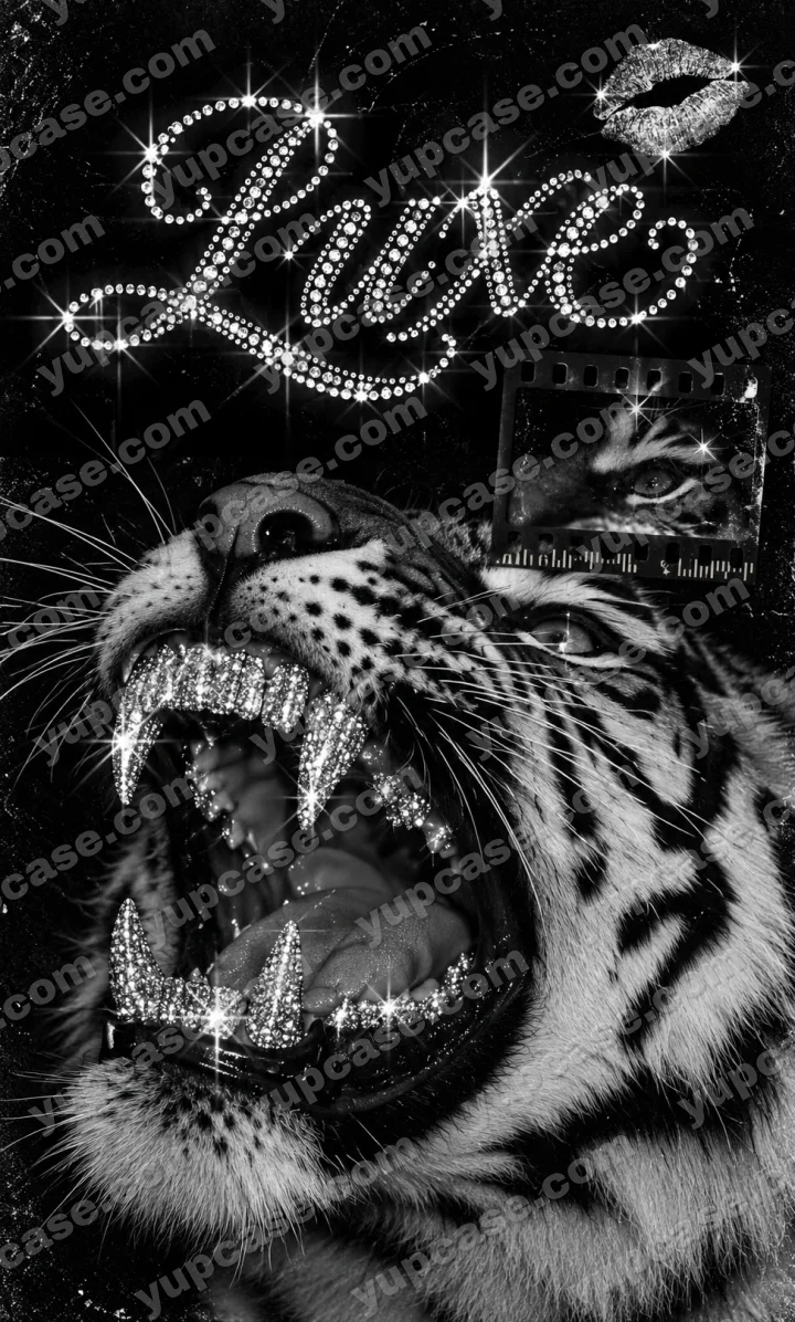 Luxe Tiger – Gümüş Simli Kaplan ve Parlak Taş Detaylı Telefon Kılıfı telefon kılıfı