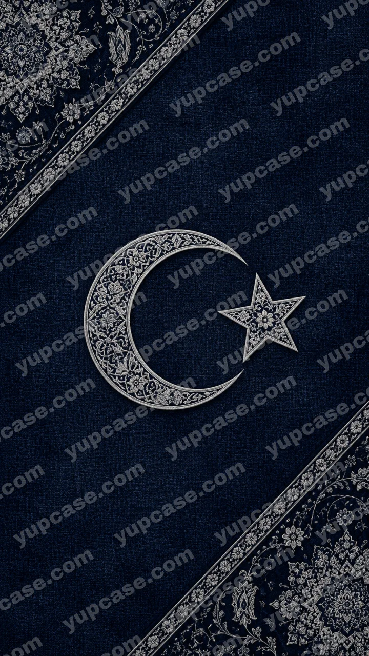 Midnight Silver Crescent – Lacivert ve Gümüş İşlemeli Ay Yıldız Telefon Kılıfı telefon kılıfı