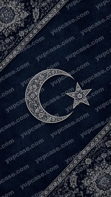 Midnight Silver Crescent – Lacivert ve Gümüş İşlemeli Ay Yıldız Telefon Kılıfı telefon kılıfı