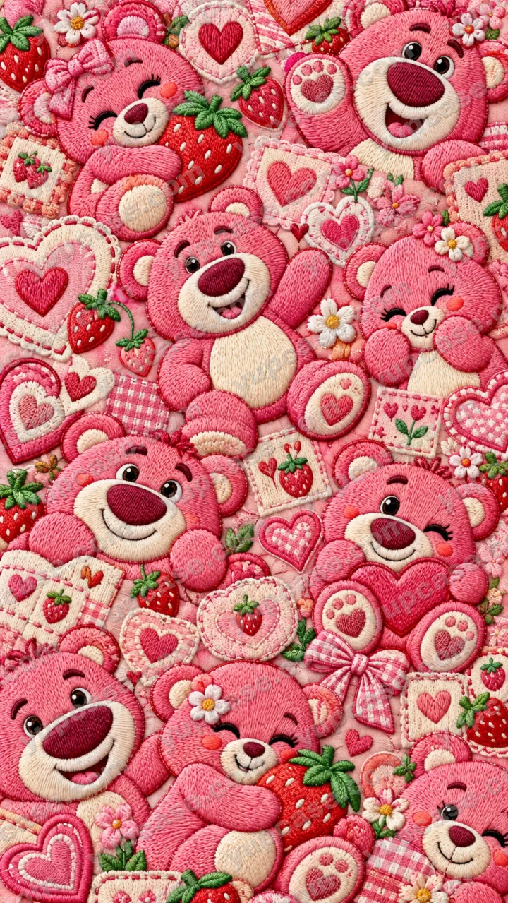Pink Bear Patchwork – Pembe Ayıcık ve Çilek Desenli Telefon Kılıfı telefon kılıfı