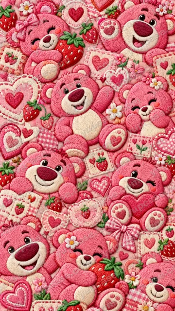 Pink Bear Patchwork – Pembe Ayıcık ve Çilek Desenli Telefon Kılıfı telefon kılıfı