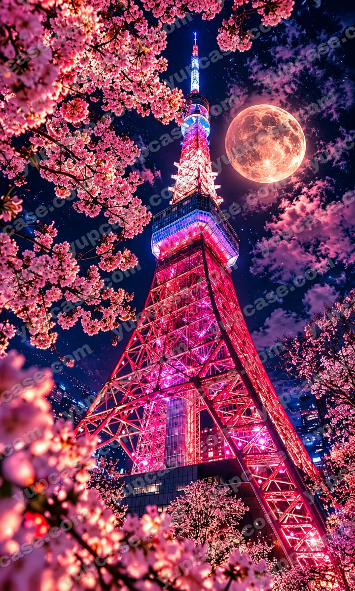 Sakura Moonlight – Pembe Kiraz Çiçekleri ve Neon Kule Telefon Kılıfı telefon kılıfı