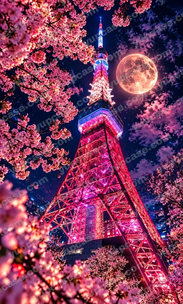 Sakura Moonlight – Pembe Kiraz Çiçekleri ve Neon Kule Telefon Kılıfı telefon kılıfı