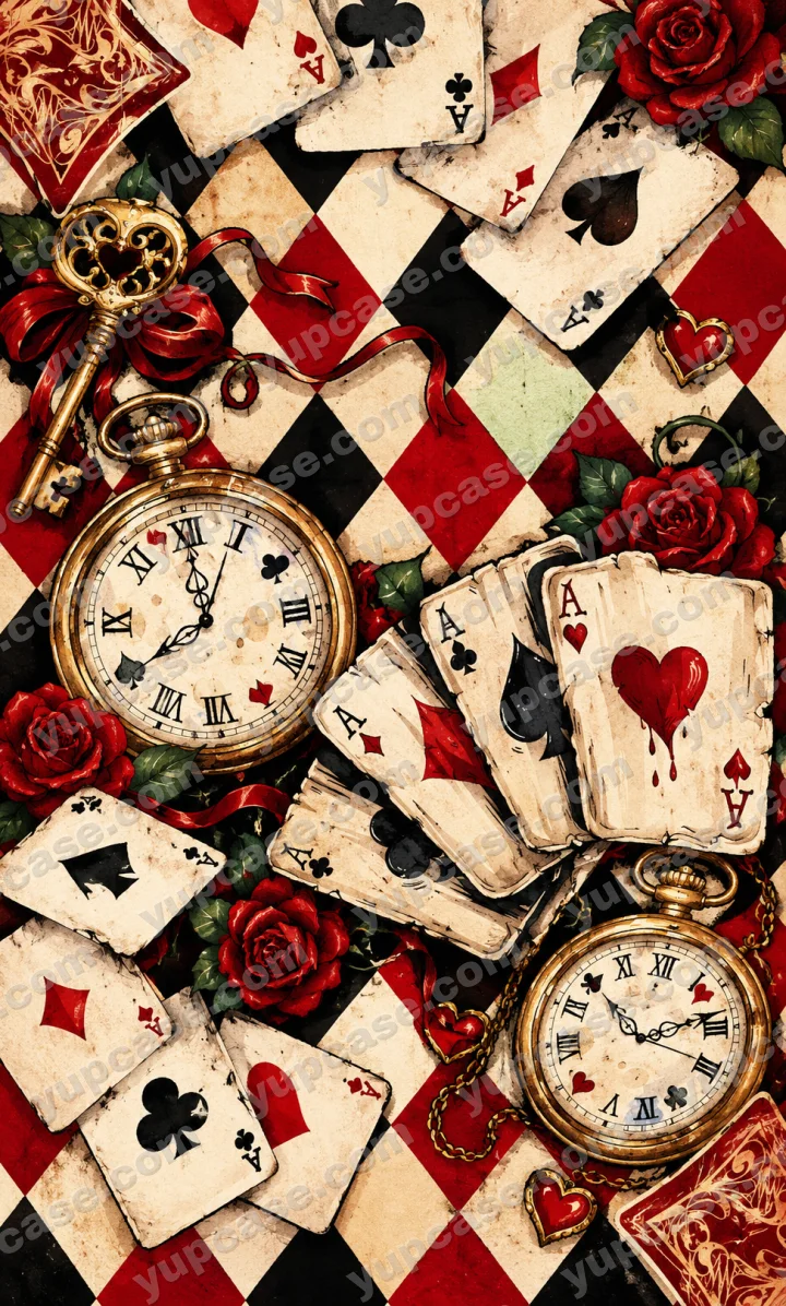 Vintage İskambil Kartları ve Antika Saat Desenli Telefon Kılıfı telefon kılıfı