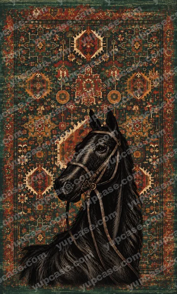 Vintage Stallion – Siyah At ve Otantik Halı Desenli Telefon Kılıfı telefon kılıfı
